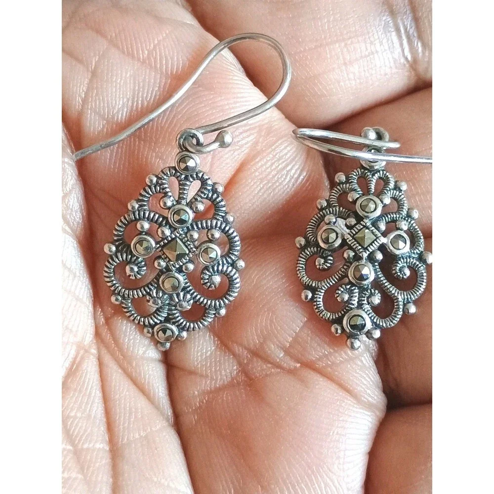 Silver Craft Limited SLC Filagree Marqusite  Sterling Silver Vintage Earrings